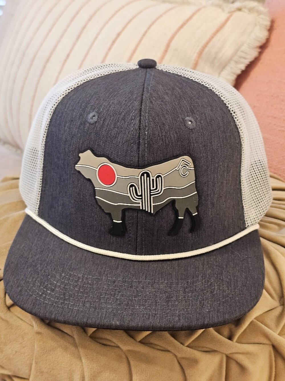 Rafter C Cavender's Cactus Steer Rubber Patch Flat Brim Trucker Hat Charcoal